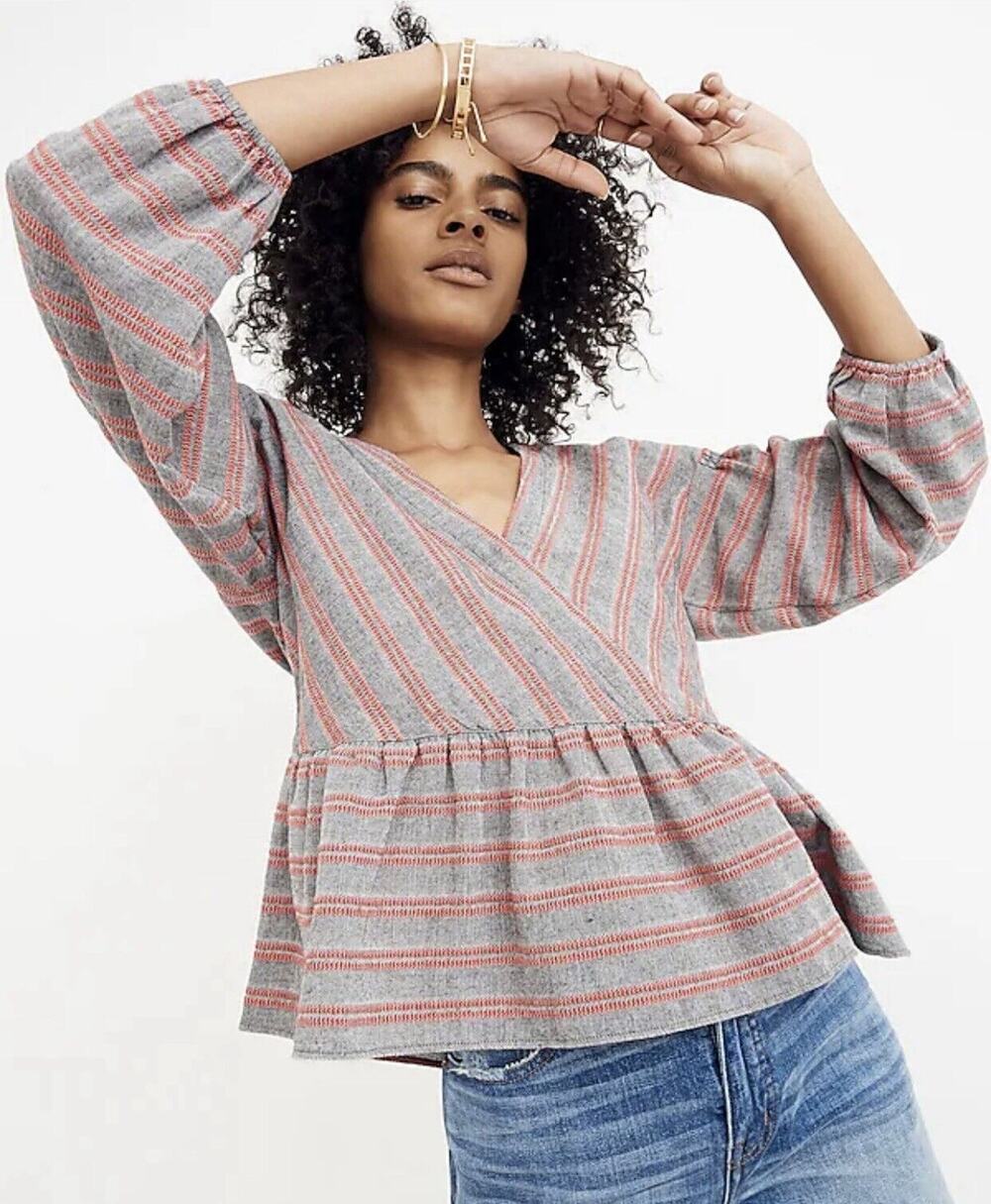 Madewell Striped Bubble-Sleeve Peplum Top Gray Medium NWT